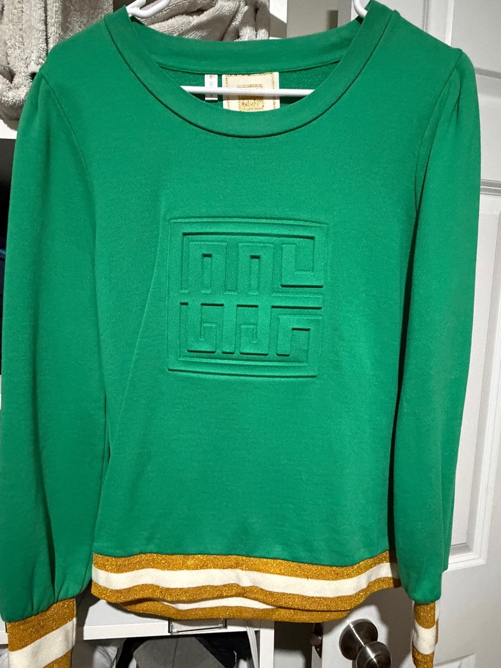 Emily McCarthy Green Crewneck Sweater with Gold Stripe Detail